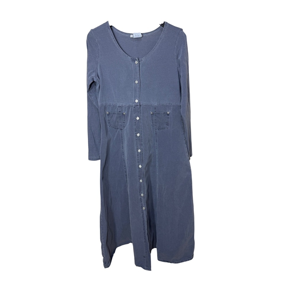 Moda Int'l Vintage Gray/blue Button Front Maxi Dress Long Sleeve Size M USA